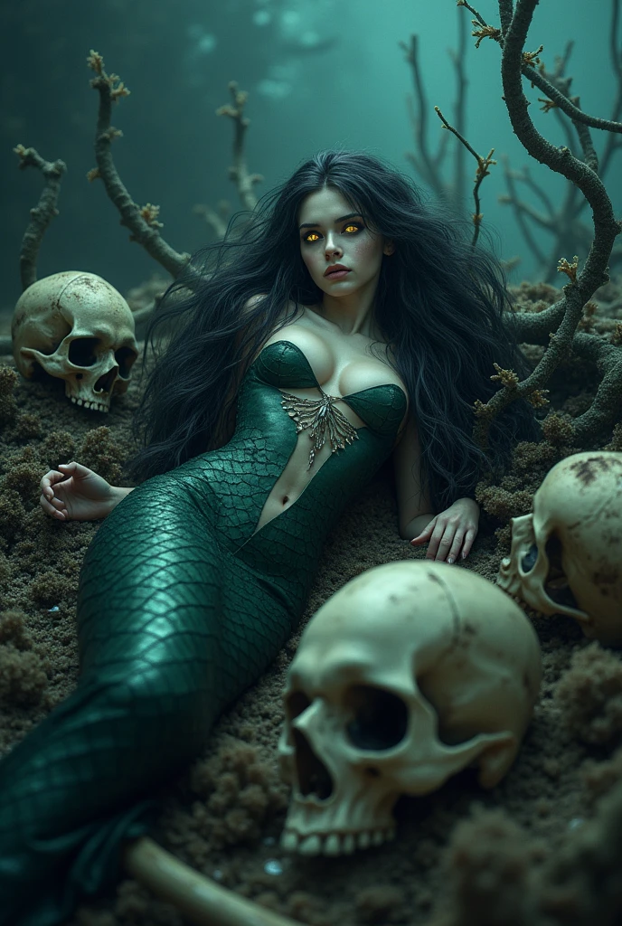 {-erro_de_anatomia:1.0} mulher 30 anos, sereia, escamas, underwater, Esqueleto, dead body,Sob o Mar, nadando no mar, com a cauda aparecendo,  onde abundam gavinhas de coral e videiras, uma mulher (sereia), long green hair looks at you amidst a pile of bones and skulls. Seus olhos brilham com uma luz estranha. indiferente, olhar impiedoso. Lying among the skulls.