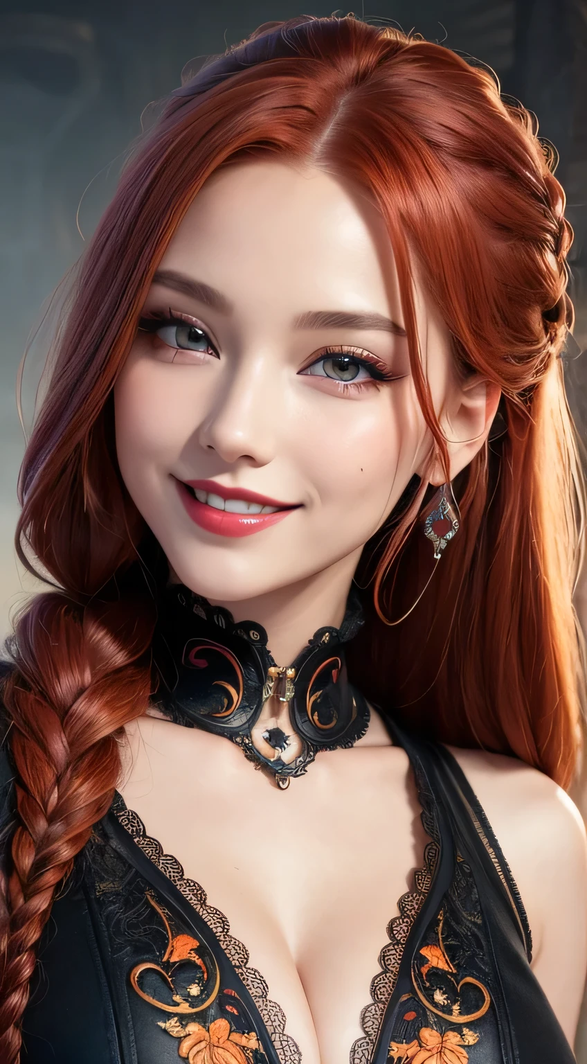 Unbeatable masterpiece, Ultra photo realism, Perfect artwork, Intricate details, Best quality, Strong light, High contrast, steampunk orange sexy vest, Zip open, cleavage, Full Body(Masterpiece) , (Best quality) , (extremely detailed wallpaper CG unity 8k) , (best character detail:1.36), marshes, (delicated lines:1.24), (fantasy), (Cold light:1.2) , orange and white full body speerise, Color splattering , Colorful, colorful background, detailed eyes, love eyes, red lipstick, detailed eyeshadows, hazel eyes, Simple background, multi-braided maroon hair, smiling, wide smile, happy, love, looking at viewer, 1girl, matured girl, (long hair:1.1), high high quality