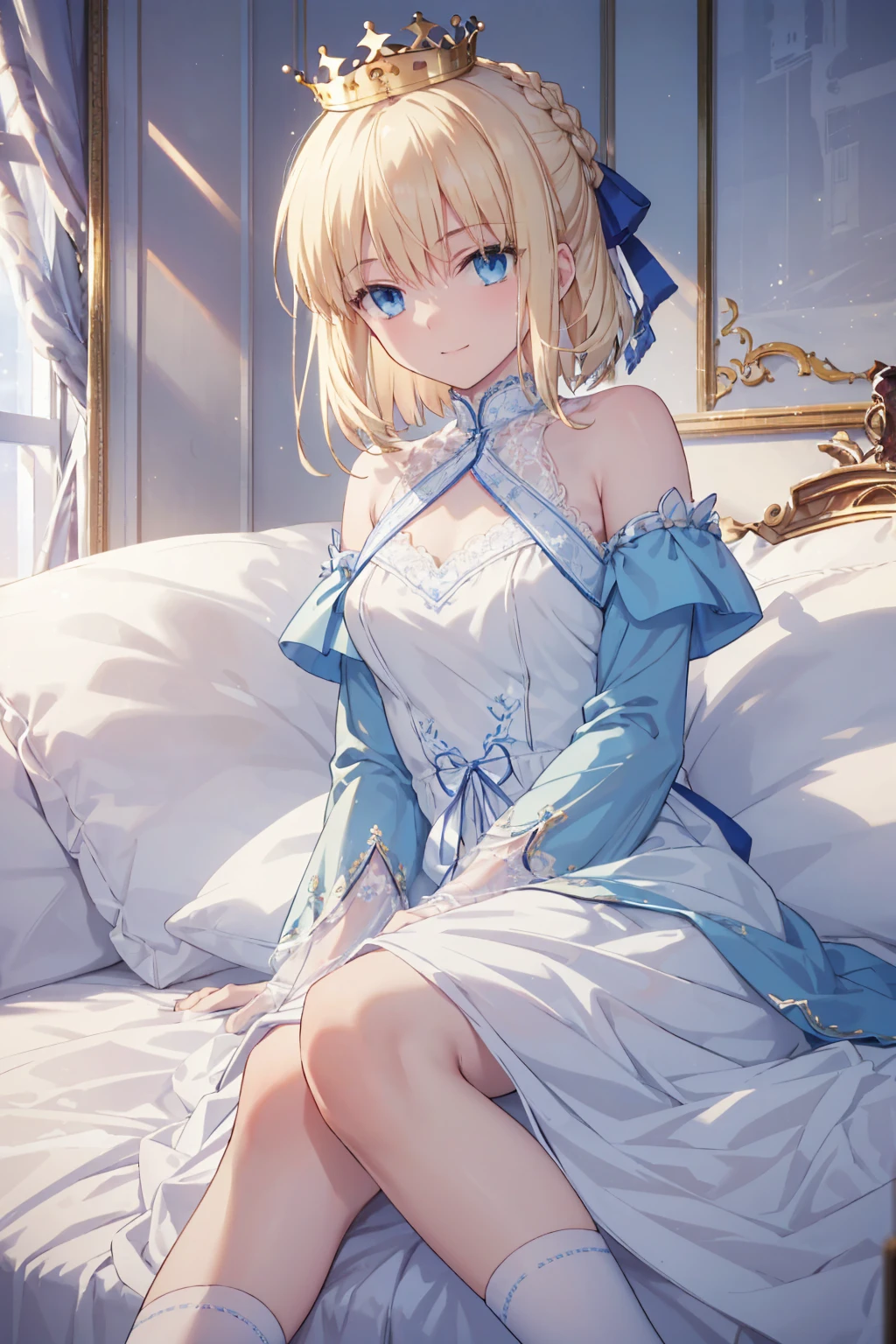 reines el-melloi (blue eyes:1.7), short blonde hair (small chest:1.2), raised arms BREAK collarbone, very short and low-cut wedding dress with white stockings, bare arms, bare shoulders, bare thighs BREAK looking at viewer, BREAK indoors, BREAK (masterpiece:1.2), best quality, high resolution, unity 8k wallpaper, lying on bed with arms up (illustration:0.8), (beautiful detailed eyes:1.6), extremely detailed face, perfect lighting, extremely detailed CG, (perfect hands, perfect anatomy),