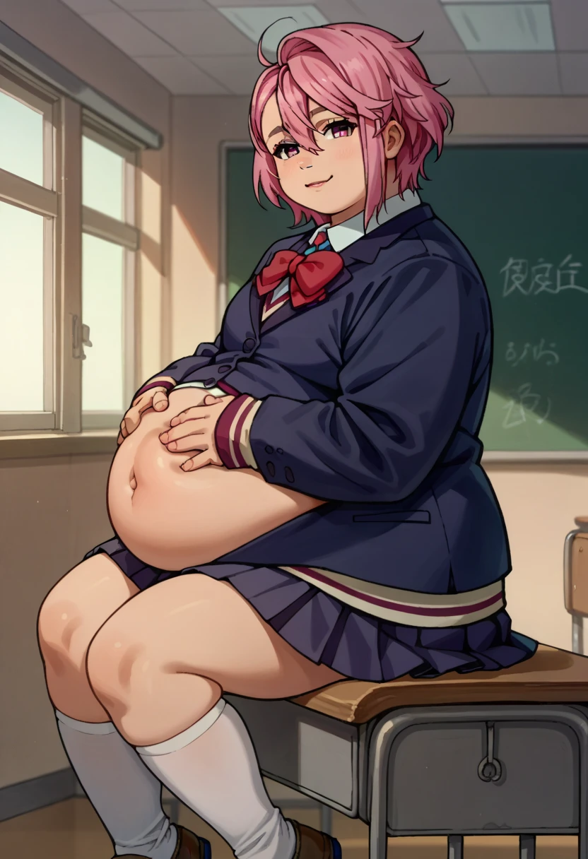 (Full body, glasses, detailed, 1girl), An image of a pregnant girl with pink hair, orange eyes, big breasts. (She is wearing a light blue shirt, a black skirt and white thighhighs)