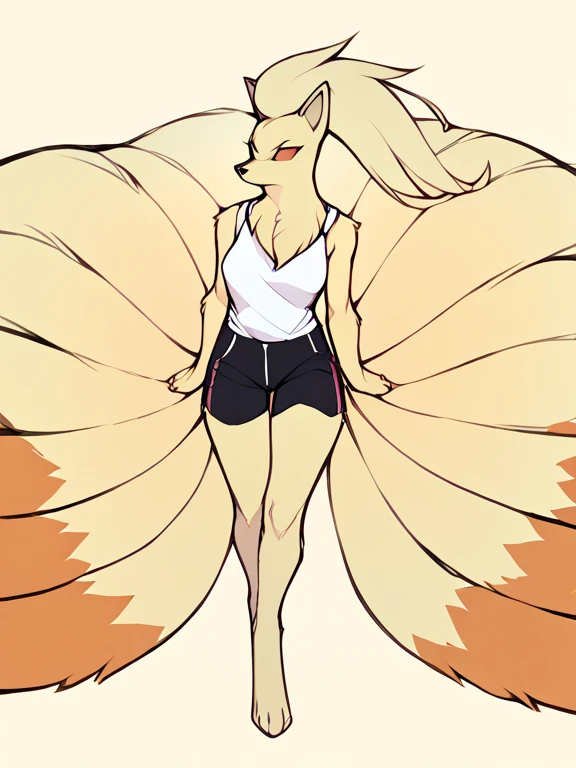  anthropomorphic ninetales girl , long hair ,  hourglass figure , wearing,  a white sleeveless shirt , black training shorts, full body