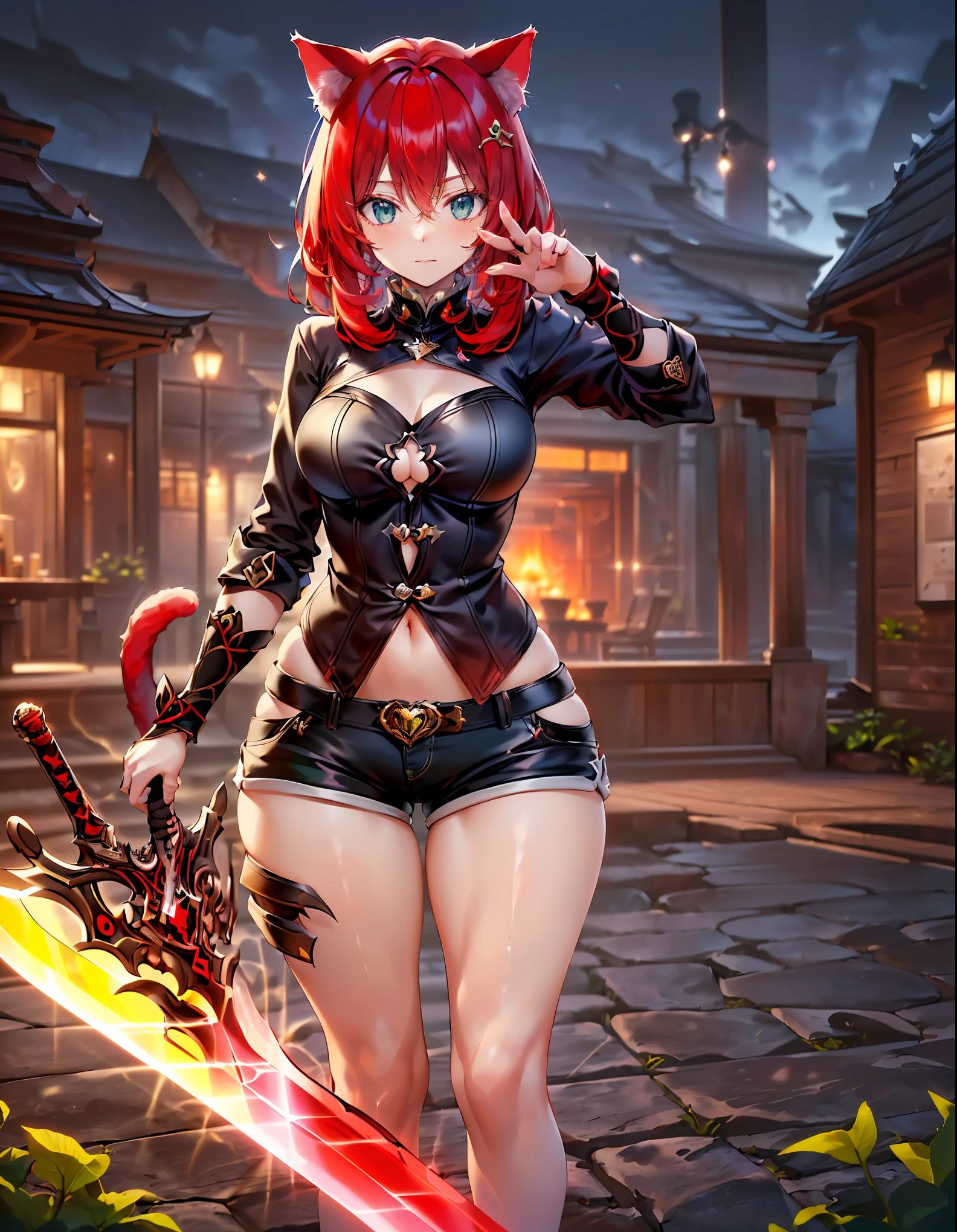 (best quality, ultra-high resolution, depth of field:1.2), (A cute cat girl with red hair and green eyes with wide hips wearing a stylish shirt with cute shorts holding a sword in her hand with a stylish pose:1.3), night time, (multiple points of views), (standing:1.2)