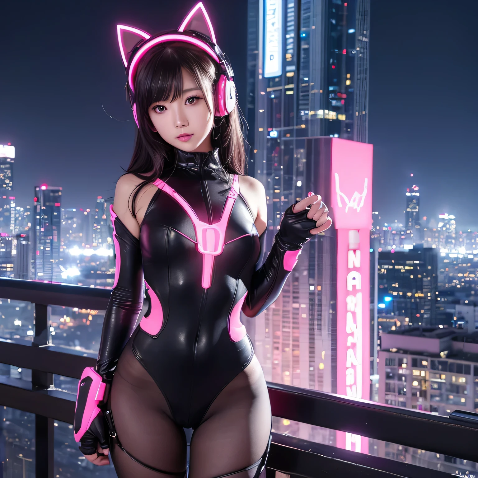 A beautiful hyperreal woman who represents Sailor Moon. Black hair, very big breasts, giant butt, tiny waist. Her face has Japanese anime features. Pigtails: she has long black hair that reaches approximately the middle of his back. Her distinctive hairstyle consists of two high, voluminous pigtails that extend up and out from the top of her head. Bows: At the base of each ponytail, she wears a large bow that keeps her hair in place. Bangs: She has short, blunt bangs that frame her face and curve to the sides. Design a futuristic and avant-garde outfit, intended to be worn at an intergalactic art gala. The attire should be a floor-length dress, crafted entirely from a transparent and flexible material resembling liquid crystal, which reflects light in a mesmerizing manner. The primary color of the dress should be an iridescent hue shifting between emerald green and sapphire blue, with hints of pink light when illuminated. The dress design should incorporate asymmetrical geometric lines in relief, traversing the wearer's body, creating a dynamic sense of movement. On the back of the dress, there will be a series of small LED lights that flicker in synchronization with the wearer's breath, producing a luminescent breathing effect. The size of the dress will be tailored to the body, accentuating the feminine silhouette in an elegant and futuristic manner. This ensemble is showcased in a high-tech setting, surrounded by holograms of galactic art and immersive electronic music.