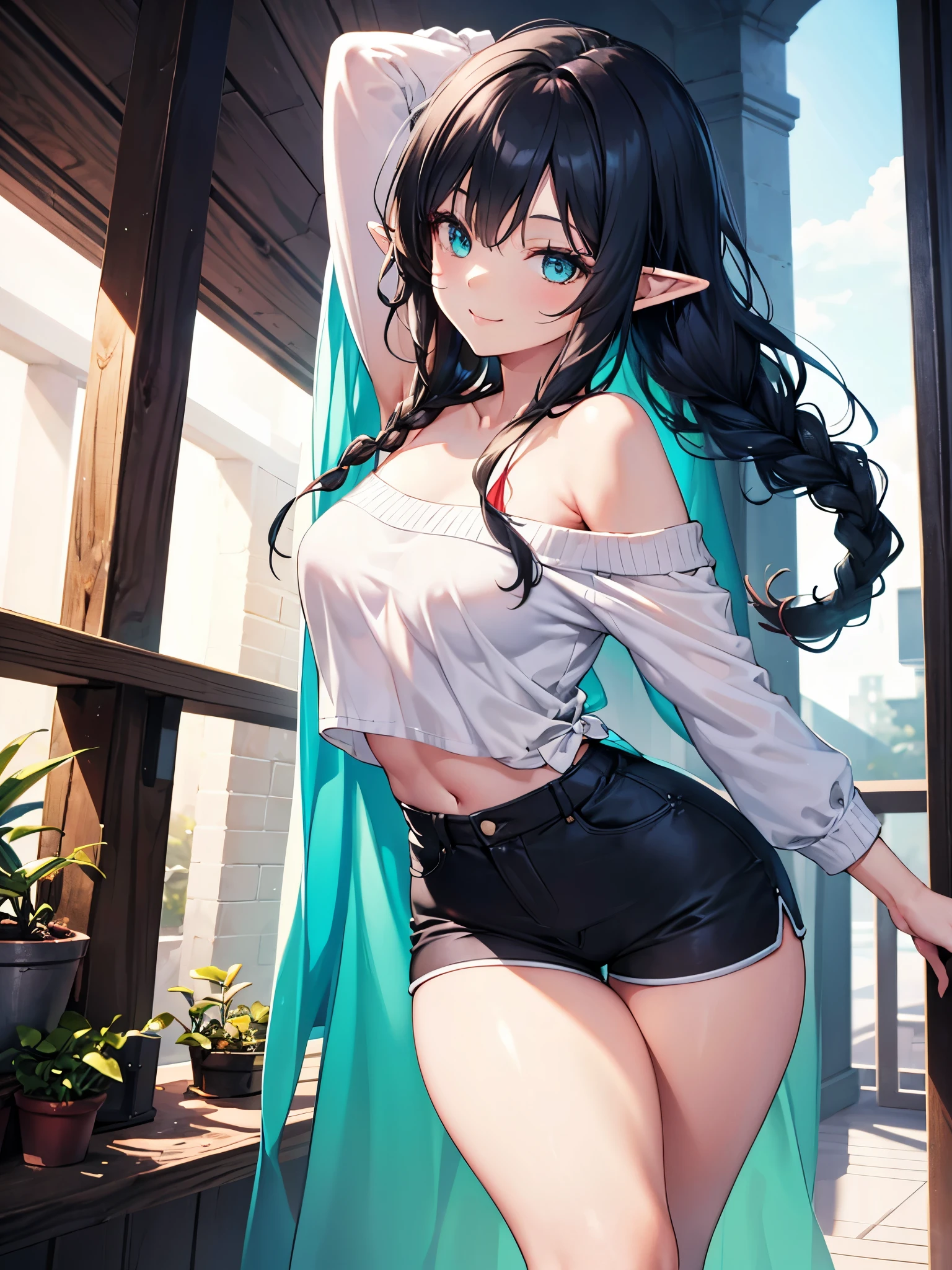 Realistic image, detailed and coherent image, 1 elf, turquoise eyes, black hair, very long hair, blushing, shy, She has a curvy body, medium breasts and thick thighs, She is wearing an off-shoulder sweater, with scarf, pleated mini skirt with embroidery, She is posing sensually, erotic, arching her back, leaves falling around, view from back, starry night, urban background, surrounded by buildings and people, soft focus, dramatic shadows, volumetric lighting, natural lighting, background of a park