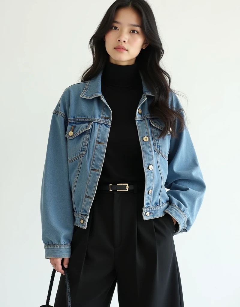 is wearing a layered look featuring a white polka-dot shirt underneath a blue denim dress paired with a black skirt with lace details. The outfit is accessorized with a small black purse and delicate necklace, giving it a cute and girly aesthetic