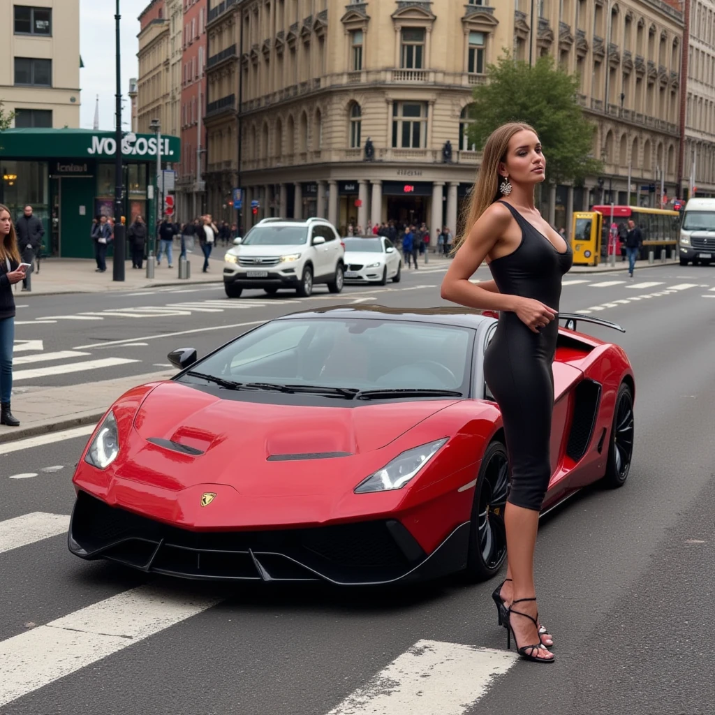 A blonde 20-year-old girl with blue eyes, dressed in black, inside a car driving a red Lamborghini. (best quality,4k,8k,highres,masterpiece:1.2),ultra-detailed,(realistic,photorealistic,photo-realistic:1.37), HDR, UHD, studio lighting, ultra-fine painting, sharp focus, physically-based rendering, extreme detail description, professional, vivid colors, bokeh, portraits, landscape, Italian sports car, luxury car, speed, high-end fashion, sunglasses, confident expression, glossy, sleek, powerful engine, roaring sound, sunny day, cityscape, elegant pose, wind in her hair, dynamic angle, road stretching out ahead, adrenaline rush, blue sky, reflections, vibrant tones, bold lines, dramatic lighting.