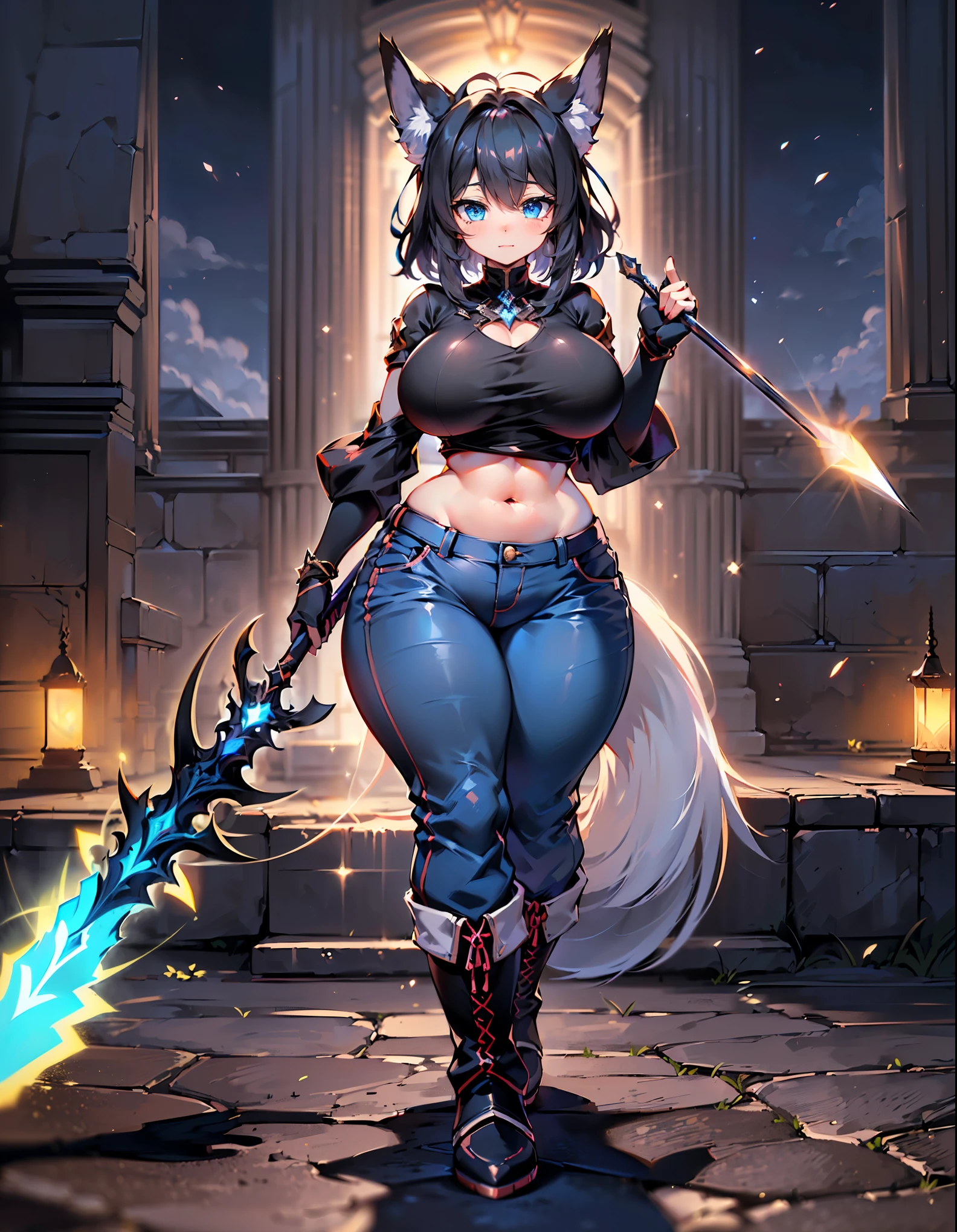 (best quality, ultra-high resolution, depth of field:1.2), (A cute fox girl with black hair and blue eyes with beautiful breasts wide hips wearing a stylish top wearing cute loose pants wearing boots holding a spear in her hand with a stylish pose:1.3), (full body:1.2), night time, (multiple points of views), (standing:1.2)