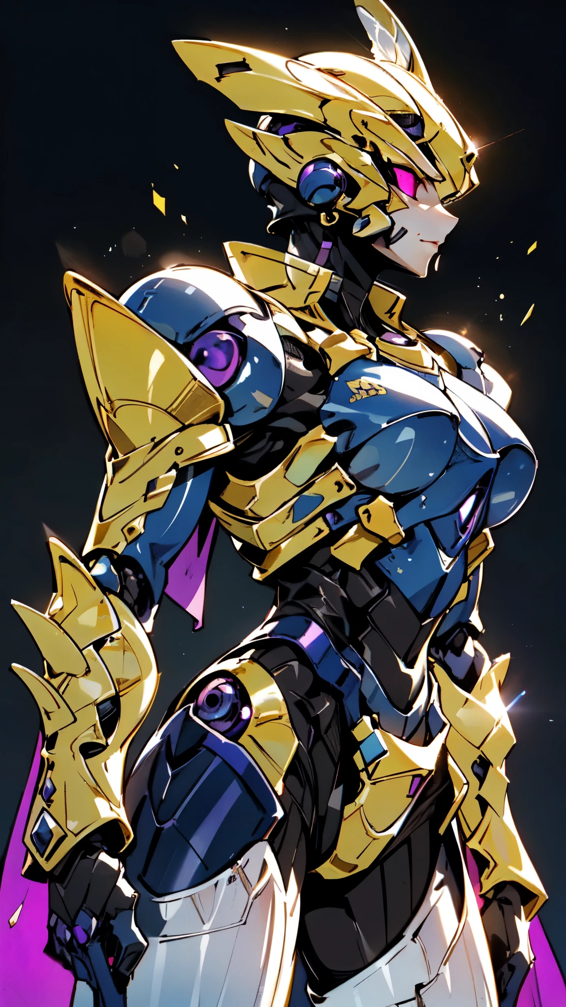 (masterpiece:1.5, best quality:1.5, extremely delicate:1.5), a woman wearing a full-face helmet, high-tech biomimetic armored combat suit, (a composite layered chest armor), the design balances heavy with agility, fully enclosed shoulder guards, matching arm and leg guards, a belt of gemstone, (the color scheme is primarily Purple with Blue and Yellow accents, Organic Biotech, Concept Inspired by queen bee, glowing eyes, armor glows), stand of a futuristic sci-fi city, this character embodies a finely crafted fantasy-style armored hero in anime style, exquisite and mature art style, metallic, high definition, highres, ultra-detailed, ultra-fine painting, professional, perfect body proportions, golden ratio, anatomically correct, symmetrical face, extremely detailed eyes and face, high quality eyes, creativity, RAW photo, UHD, 32k, Natural light, cinematic lighting, (masterpiece-anatomy-perfect:1.2)