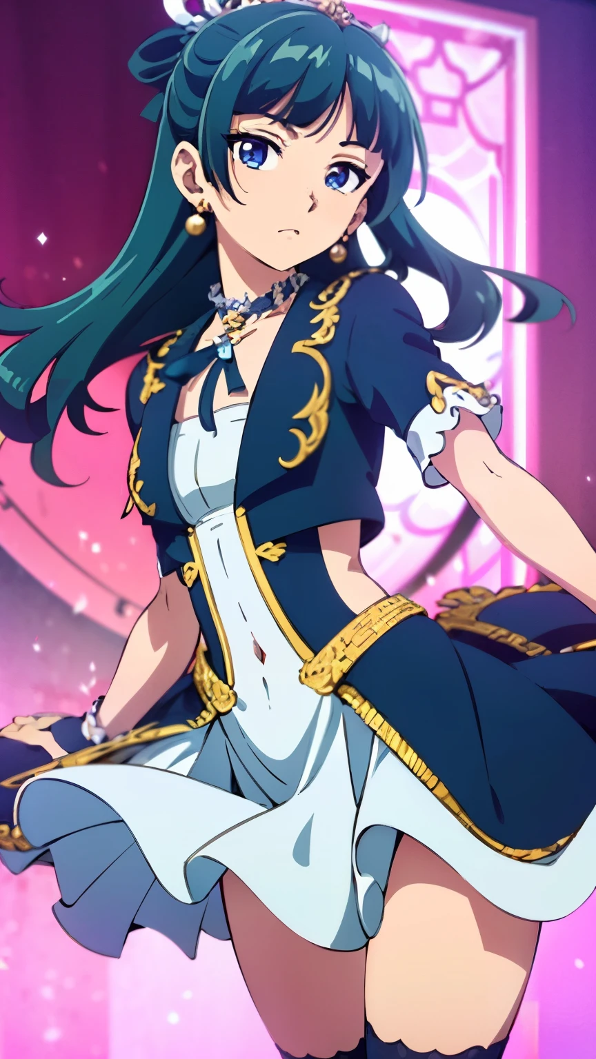 Top quality (8k, high resolution, masterpiece: 1.2), super detailed, anime art style, dynamic angle, (green hair, blue eyes:1.3), ( g0wn, platform shoes, (black knee socks), cropped jacket, (layered asymmetrical hi lo dress), (ornate trim), earrings, pearls, choker, ((neck ribbon)), black cap, corset), (small medium breast:1.2), detailed green hair, detailed blue eyes, intricate hairstyle, long hair, slim body, perfect eyes, youthful, hair accessories, earrings, half-updo, slightly dull bangs, detailed lighting, bright colors, looking at the viewer, in the center of the image, (cowboy shot:1.3),