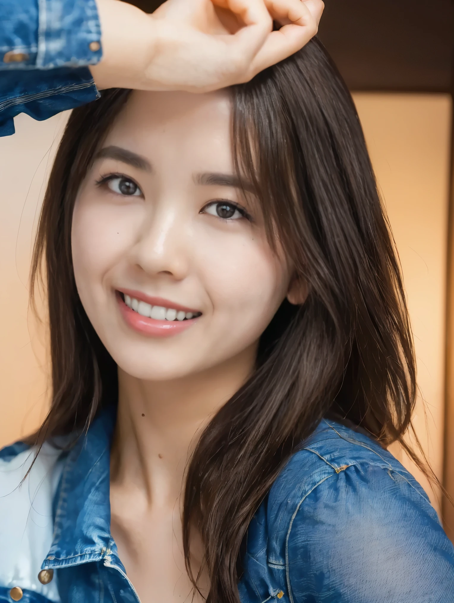日本人woman、( RAW photo、 best quality、a masterpiece:1 )、 High Resolution RAW Color Photo、 professional photos、(Realistic、 realistic pictures:1.37)、 Smile 、( extremely detailed body , has a very detailed face , best quality:1.2) , dark brown long hair , ( detail face , beautiful detailed eyes, Beautiful dark brown eyes , sophisticated nose ),woman, watch viewers, (Pink Bra, damaged denim shorts),