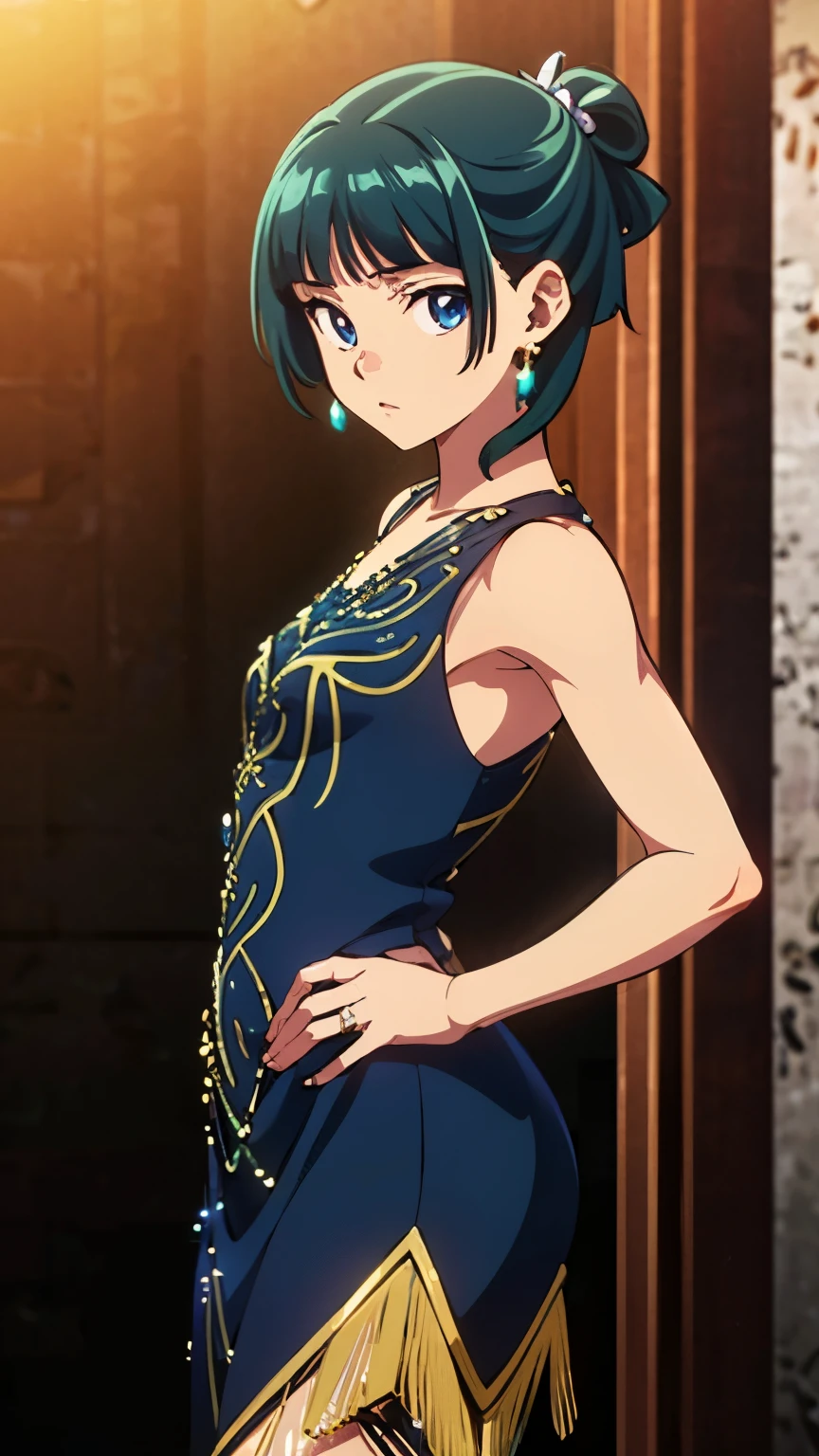 Top quality (8k, high resolution, masterpiece: 1.2), super detailed, anime art style, dynamic angle, (green hair, blue eyes:1.3), (flapp3r, high heels, black flapper dress, blue flapper dress, red flapper dress, green flapper dress, flapper dress), (small medium breast:1.2), detailed green hair, detailed blue eyes, intricate hairstyle, long hair, slim body, perfect eyes, youthful, hair accessories, earrings, half-updo, slightly dull bangs, detailed lighting, bright colors, looking at the viewer, in the center of the image, (cowboy shot:1.3),