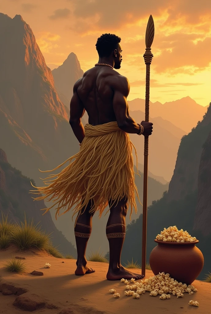 An African hunter bare chested with beads on his neck welding a spear at a moonless night taking a stroll around huts in a village