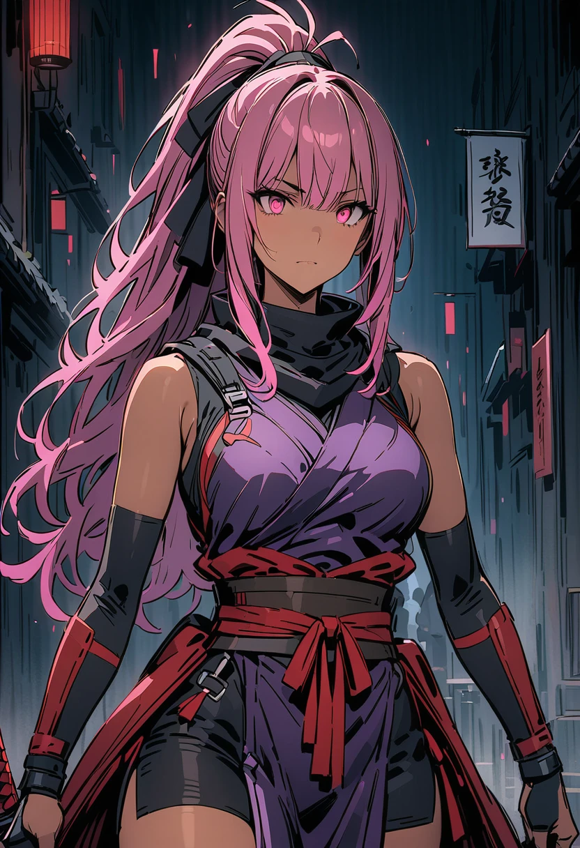 "Create an illustration of a futuristic female ninja with pink hair, wearing a detailed and modernized ninja costume and equipped with traditional and technical weapons. She has long ponytail pink hair tied with a red ribbon and a symbol She must be wearing an advanced purple outfit with  black accents that include letters. She holds a sword with intricate patterns on the hilt and sheath. The setting is Edo period.