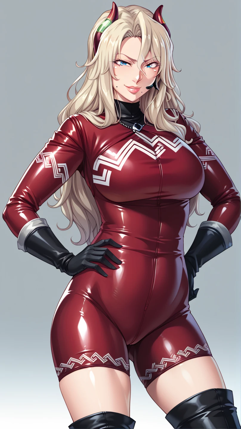 score_9, score_8_up, score_7_up, score_6_up, uncensored,  BREAK, cowboy shot, 
transparent background, Eliza Perlman, 1girl, mature female,
blonde hair, long hair, lips, blue eyes, mole under eye, mole under mouth, headset,
black bodysuit, red bodysuit, black gloves, knee boots
red bodysuit, red shorts, bike shorts, black gloves, knee boots, evil smile, hands on hip