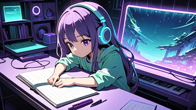 An anime-style illustration of a young girl sitting at a desk, concentrating on her studies. She has long hair and is wearing large, modern headphones. The desk has open notebooks, a laptop, and pens scattered, all neatly arranged. The room is illuminated with soft neon lights in green and purple tones, creating a cozy and futuristic atmosphere. The overall vibe is calm and focused, with a warm and inviting color palette.