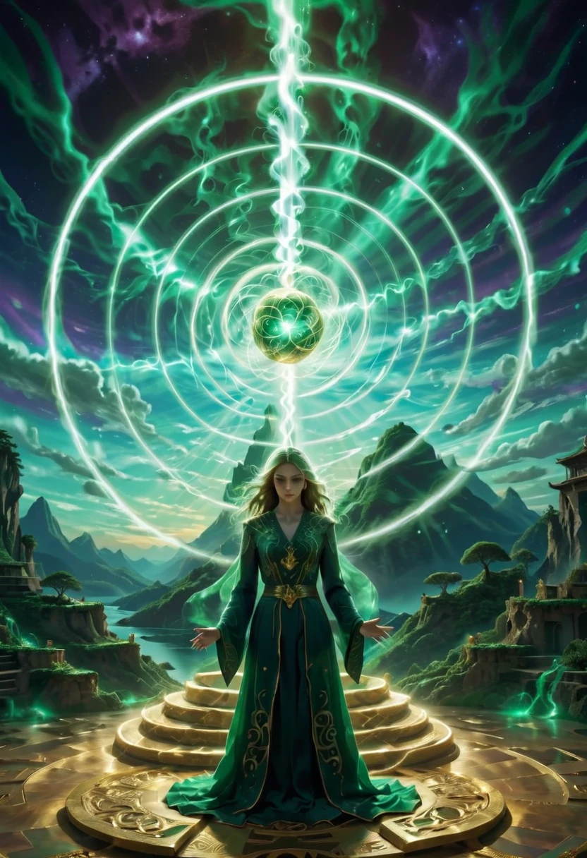  The image shows a mystical and majestic figure in a ethereal environment . Here is the detailed description: Main character:  It is a tall and slender humanoid figure with an organic body that recalls a tree or a plant .  Its skin has green tones with textures and shapes that simulate roots or living wood .  The figure is wrapped in a dark blue mantle or layer ,  that extends sideways in an elegant and fluid way ,  was being lifted by the wind .  In the center of the character's torso ,  there is a bright emerald green orb ,  possibly symbolizing a source of energy or power . Head and ornaments :  The head has no visible facial features and seems to be covered by a helmet gold or a luminous structure similar to a translucent sphere.  From this helmet emanate lines of light that curve towards the sky . over the head,  a halo of golden light seems to project ,  increasing the sense of divinity .  accessories:  Holds a cane long gold with a trident shape at the end ,  that reinforces your presence of authority or magical power . With the other hand,  seems to rest slightly on a giant wheel with intricate engravings ,  possibly a symbol of cycles or destiny . bottom:  The sky is full of patterns of luminous spirals that rotate towards a central point ,  as a representation of the cosmos or a heavenly portal .  These lines have bright blue and green tones .  There are ethereal figures ,  like birds made of pure energy ,  predominate flying around the character ,  with translucent and vibrant lines .  The ground has shades of brown and purple ,  with mountains or rock formations blurred in the distance ,  creating a contrast with the vibrant sky . realism, realistic, 50mm canon eos