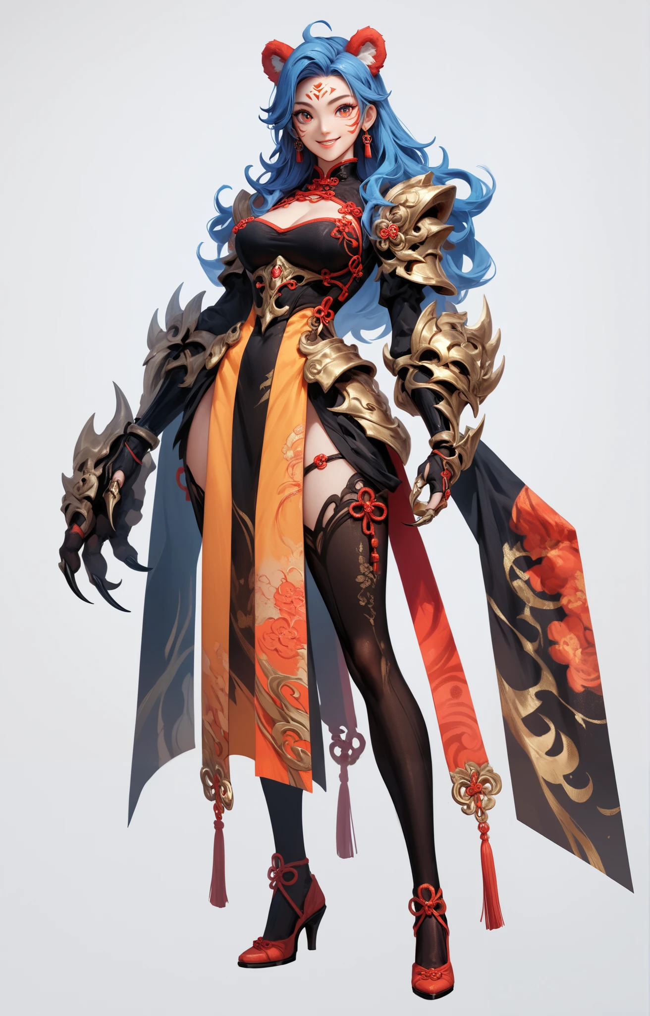 high resolution, There's nothing there, best quality, masterpiece, Intricate Details , ridiculous results , 4K, Semi-realistic,, The character design is excellent, Reference Table, simple white background, Color Guide, (Multiple Views), (whole body), 1 girl, Chinese Armor, Tiger claw, facial tattoo, Smile, long hair, Xianxia Costume,,