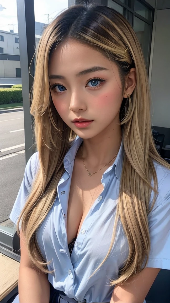 ((I get a tan))、((Tanned Gal))、one girl,(Blonde)、 (A beauty girl, Delicate girl:1.3), (14 years old:1.3),(((Please unbutton your shirt and look at your chest.)))、Hostess's Curly Hair、,15 years old、((可Adorableセーラー服))、(8Kんin,Highest quality),school classroom,student,class,((JK skirt)),blue Wet shirt, Wet shirt, Adorable, smile, Narrow side, short, fine hair, 32Kin, masterpiece, Best image quality,Ultra-high resolution,Perfect hands,look up_in_Spectators,wet skin,(( Legs wide open)), ((Spread your legs)), Looking at the camera, Eye on the details, Beautiful Eyes、Dynamic Movement