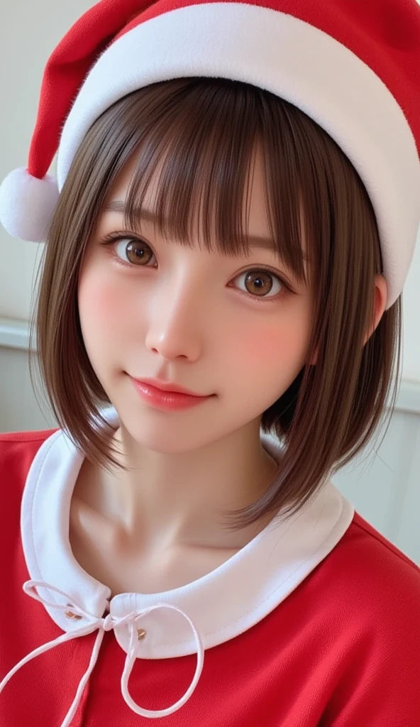 slim,small breasts,tattoo,very short hair,santa costume,off-shoulder ,glasses,((full body:1.5,portrait:1.5,1girl,highres,incredibly absurdres,realistic,photo \(medium\),low-angle view,from above:1.5)),hands on own chest,bent over,breasts squeezed together,