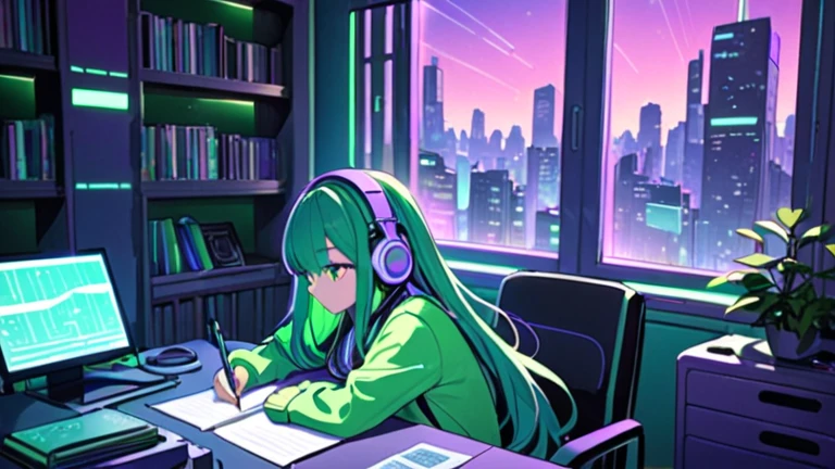 An anime-style illustration of a young woman sitting at a desk, focused on her studies. She has long hair and is wearing large, fashionable headphones. Her desk is lined with open notebooks and pens, all neatly arranged. The room is lit with soft neon lights in shades of green and purple, creating a warm, futuristic atmosphere with a window in the background overlooking a nighttime city. The overall vibe is calm and focused, with a warm and inviting color palette.