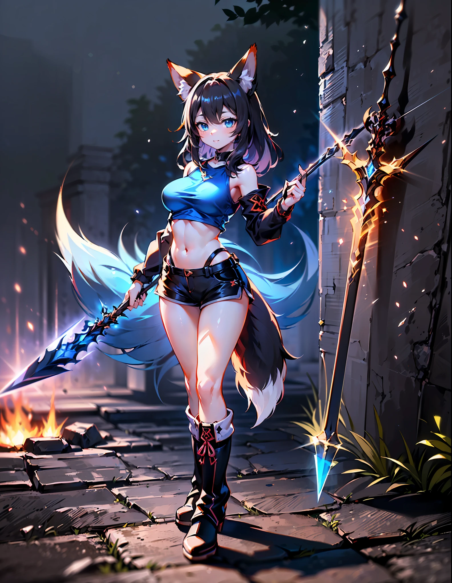 (best quality, ultra-high resolution, depth of field:1.2), (A cute fox girl with black hair and blue eyes with beautiful breasts sexy body wearing a stylish top wearing tiny shorts wearing boots holding a spear in her hand with a stylish pose:1.3), (full body:1.2), night time, (multiple points of views), (standing:1.2)