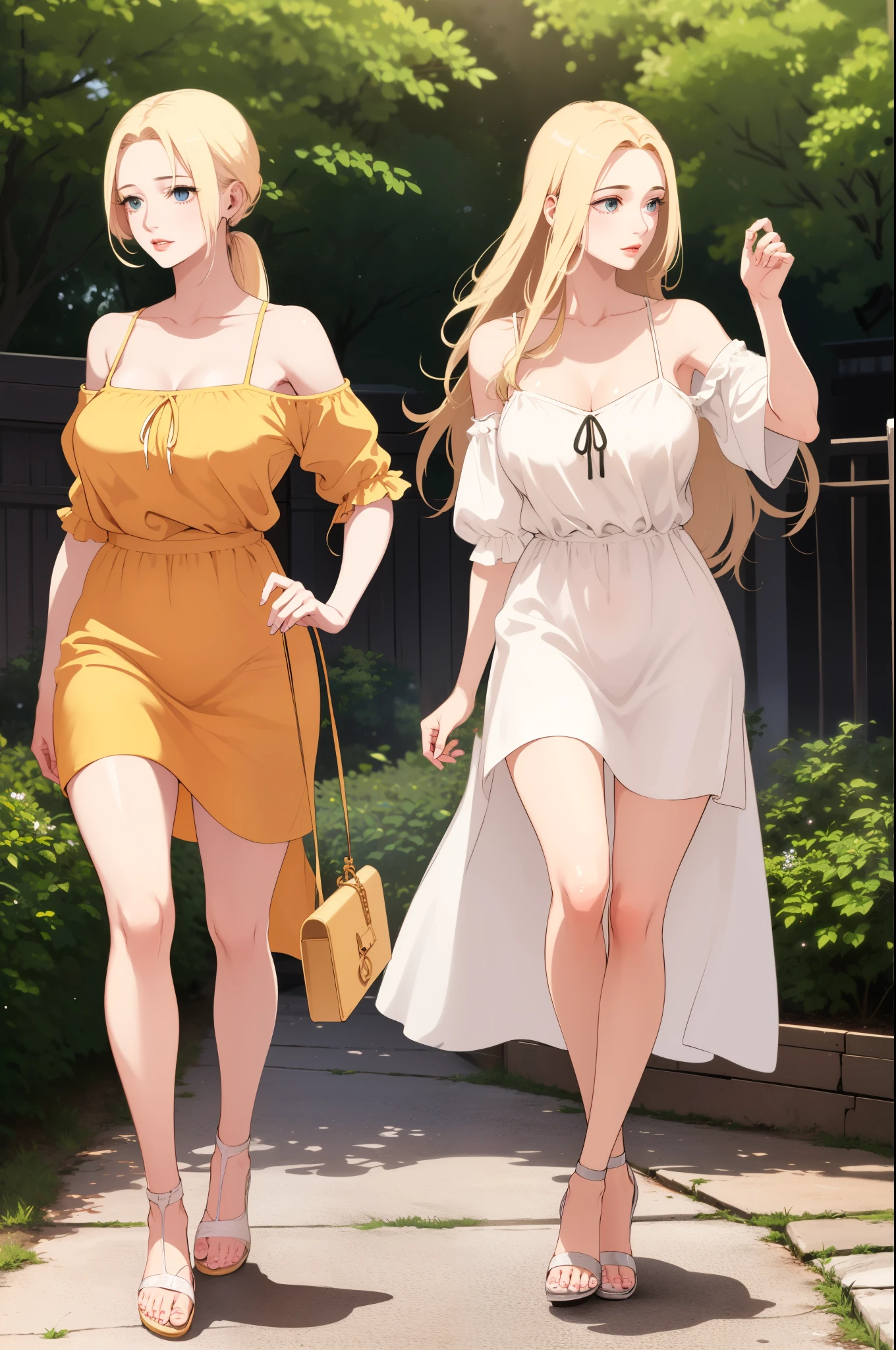 a cute beautiful busty woman, 21, with blonde hair, blue eyes, pink blush cheeks, a fair shiny complexion, and plain expression, wearing a long loose floral dress, yellow heels, an off-shoulder white cardigan, hands joined together, a tiara on her head, green pendant on neck, garden in the background.