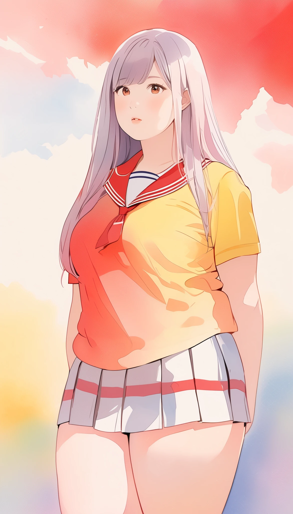 High school girl, uniform, sideways, looking slightly upwards, looking into the distance, ((Watercolor: 1.2)), ((Blurred color: 1.2)), ((Thick thighs: 1.2)), ((Expressed in four colors: 1.2)), peaceful, (Silver with red mesh straight hair: 1.3), ((Plump and sexy body: 1.3)), clear curves of body, brown sailor uniform, yellow pleated skirt, light-colored background