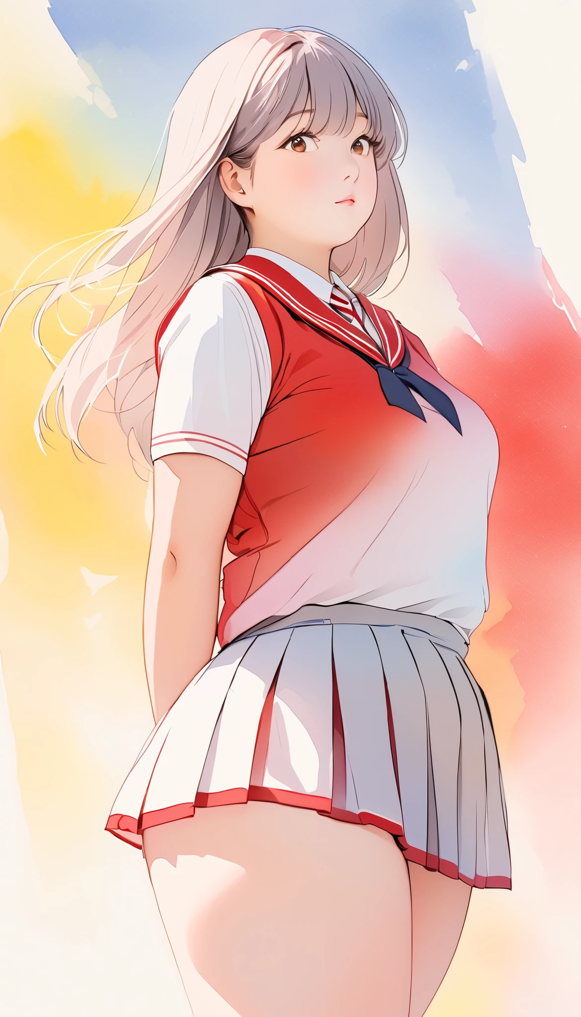 High school girl, uniform, sideways, looking slightly upwards, looking into the distance, ((Watercolor: 1.2)), ((Blurred color: 1.2)), ((Thick thighs: 1.2)), ((Expressed in four colors: 1.2)), peaceful, (Silver with red mesh straight hair: 1.3), ((Plump and sexy body: 1.3)), clear curves of body, brown sailor uniform, yellow pleated skirt, light-colored background