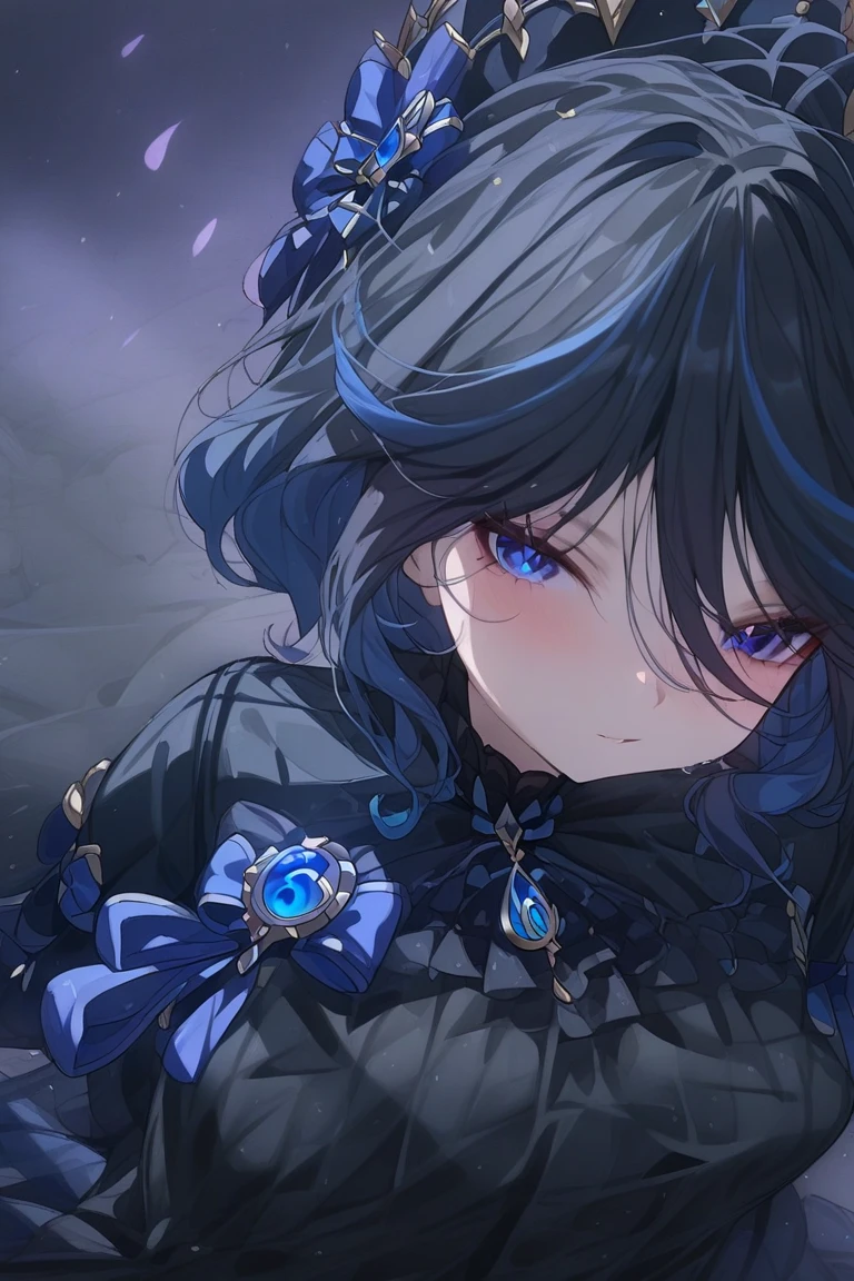 Furina Genshin Impact, bigboobs, black nightgown With details, black fishnet tights, solo,  Masterpiece, vivid colors, high definition,  