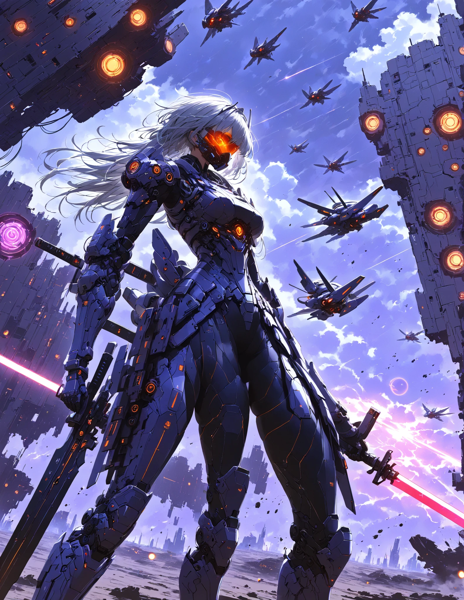  Masterpiece , high quality, high resolution, 16k, Makoto Shinkai illustration, detailed background, hyperrealistic, dark atmosphere, black tones, dynamic, digital painting, cyberpunk, science fiction, one of a kind android warrior girl, beautiful face, clean skin, gray hair, clean hair, clean legs, wearing lightweight robotic armor with metallic sheen, mad-bdyarmr, neon blue and purple lights at armor seams, only mouth covered by machine mask, drone interface in hair, glowing red energy sword, dark reddish-purple sky Two Red Moons, dark clouds swirling in sky , several drones and alien-looking robots flying around, surrounded by explosion light, particulate matter in air, dust and sand in air, dust flying up underfoot, elaborate space fortress, devastated planet, dynamic angle