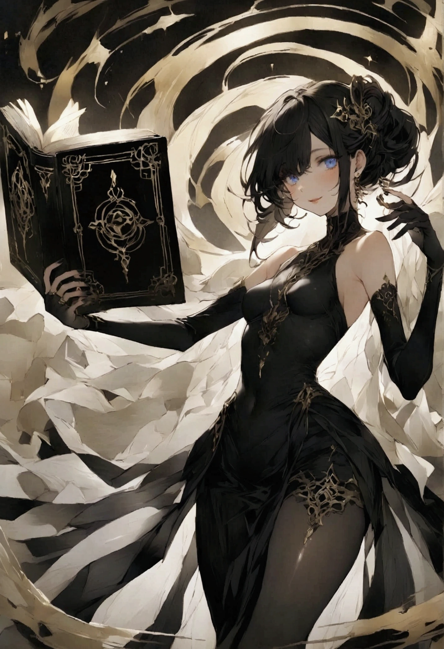 Girl. Long black hair, straight and silky. Blue eyes. Delicate features. Small breasts. Curvy waist. Lips curled into a slight smile. Wearing a white formal shirt. Dark short shorts and black pantyhose. Belts on her thighs. A mole under her right eye. Holding a black book with chants. Black magic emerging from the book and from hands. Background is a school. 8k. Best quality. Standing on her feet.