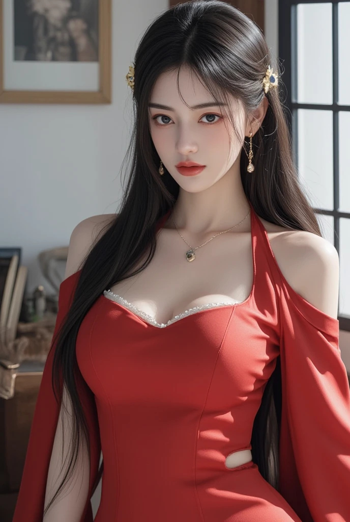 1girl, solo, long hair, breasts, looking at viewer, blue eyes, large breasts, black hair, hair ornament, dress, cleavage, bare shoulders, jewelry, closed mouth, weapon, earrings, detached sleeves, sword, indoors, necklace, clothing cutout, window, red dress