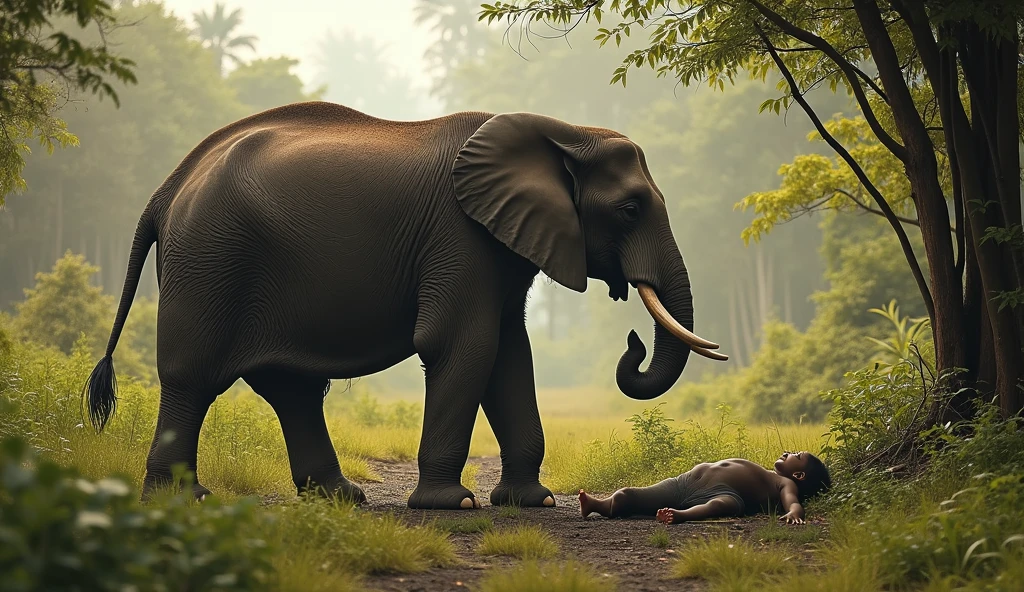elephant steps on the legs of a young woman. She is bleeding from her legs