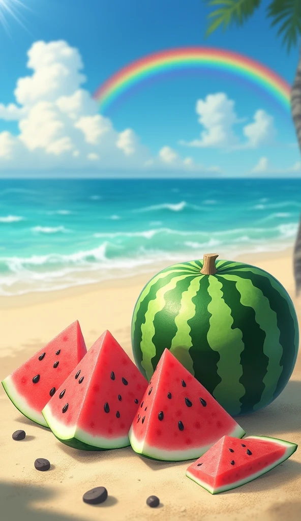 2D illustration in the style of Shinkai Makoto of watermelon slices with a whole watermelon nearby, photographed on a beautiful beach. niji6