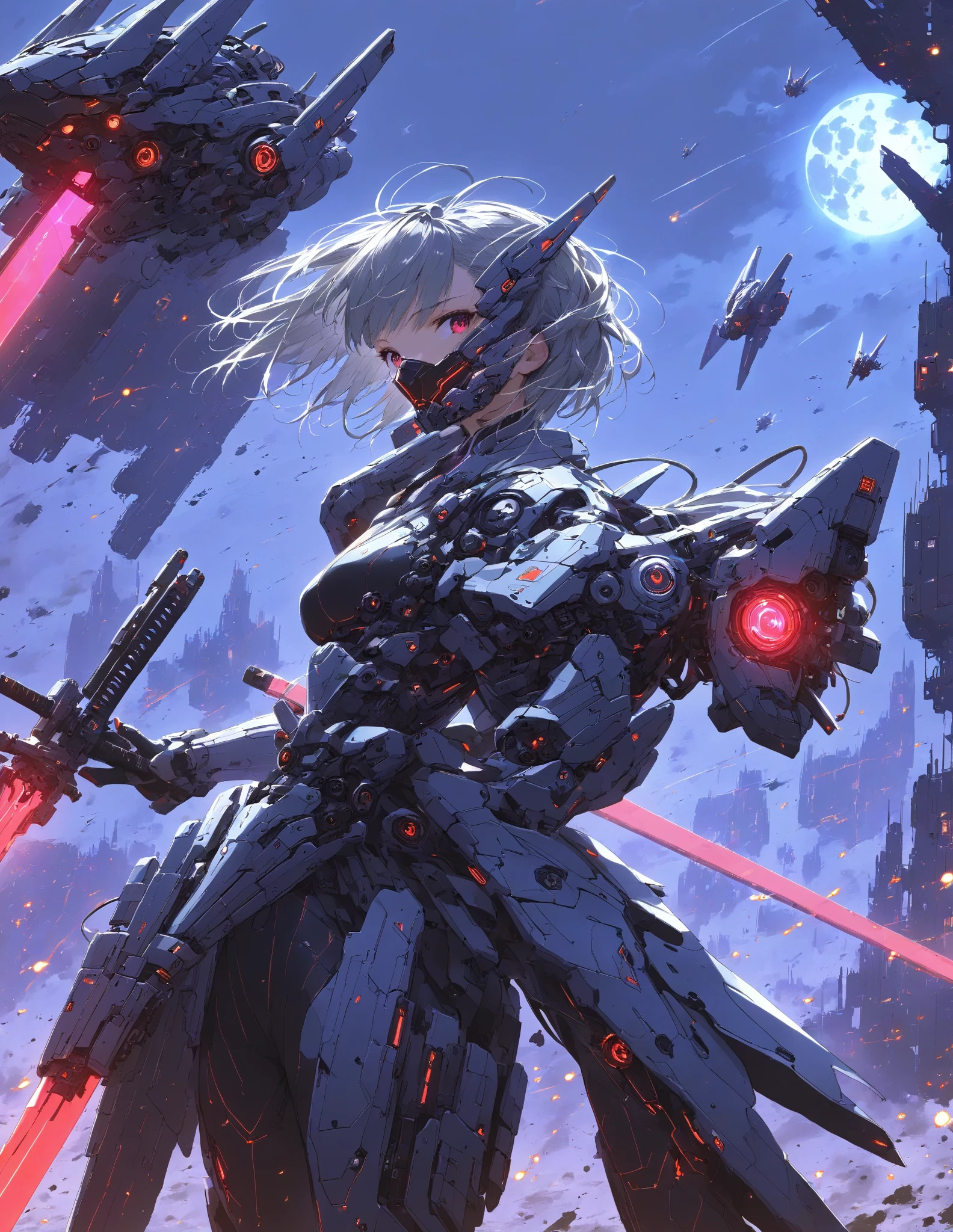  Masterpiece , high quality, high resolution, 16k, illustration by Makoto Shinkai, detailed background, hyperrealistic, dark atmosphere, black tones, lively, digital painting, cyberpunk, science fiction, one of a kind android warrior girl, beautiful face, clean skin, red color eyes, gray hair, clean hair, clean legs, wearing lightweight robotic armor with metallic sheen, mad-bdyarmr, neon blue and purple lights at armor seams, machine mask covering only half face, drone interface in hair, glowing red energy sword, dark red purple sky, Two Red Moons, dark clouds swirling in sky , several drones and alien-looking robots flying around, surrounded by explosion light, particulate matter in air, dust and sand in air, dust flying up underfoot, elaborate space fortress, devastated planet, dynamic angle