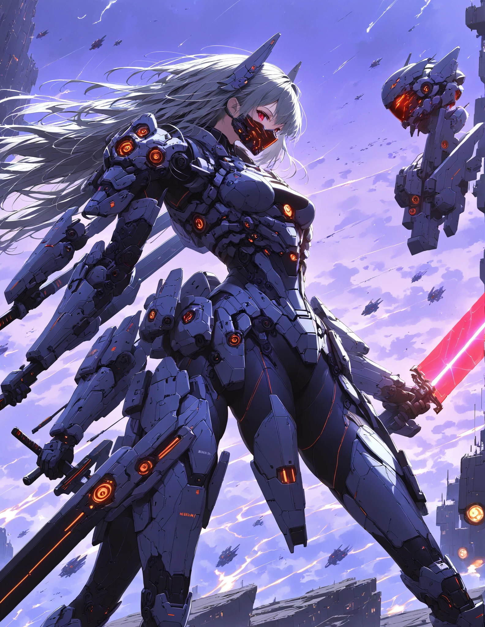  Masterpiece , high quality, high resolution, 16k, illustration by Makoto Shinkai, detailed background, hyperrealistic, dark atmosphere, black tones, lively, digital painting, cyberpunk, science fiction, one of a kind android warrior girl, beautiful face, clean skin, red color eyes, gray hair, clean hair, clean legs, wearing lightweight robotic armor with metallic sheen, mad-bdyarmr, neon blue and purple lights at armor seams, machine mask covering only half face, drone interface in hair, glowing red energy sword, dark red purple sky, Two Red Moons, dark clouds swirling in sky , several drones and alien-looking robots flying around, surrounded by explosion light, particulate matter in air, dust and sand in air, dust flying up underfoot, elaborate space fortress, devastated planet, dynamic angle