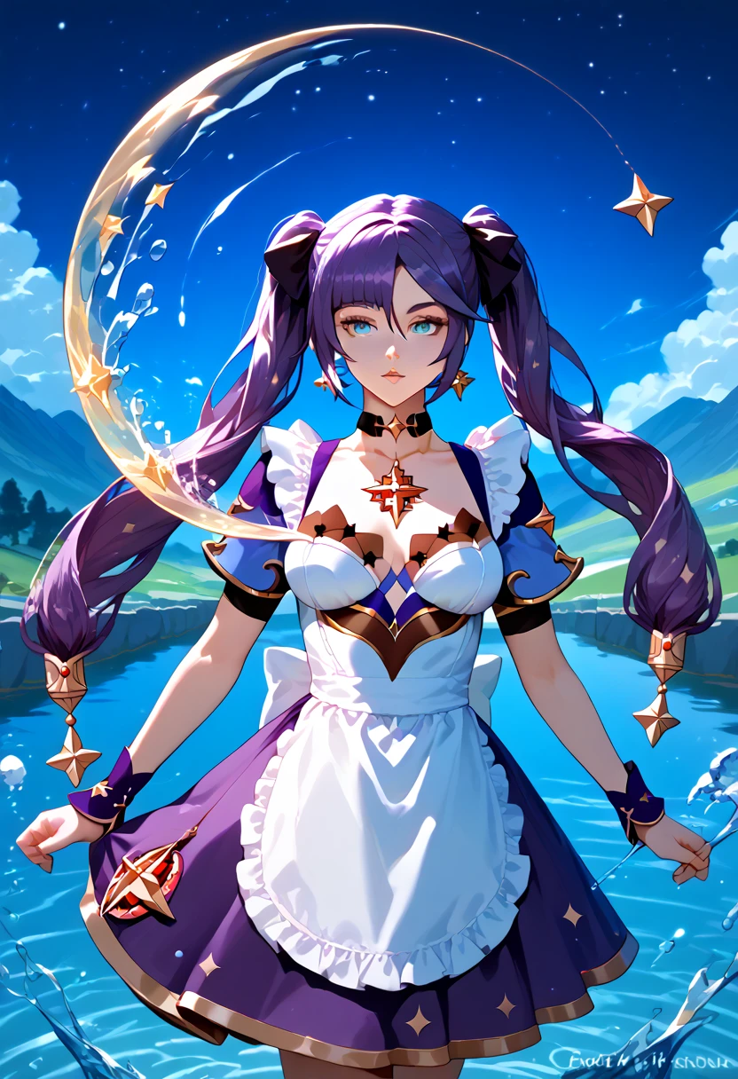 girl, located in the corner, looking at the sky, solo, Mona (Genshin Impact), choker, hair between eyes, star (symbol), long hair, dark purple hair, twintails, blue eyes, shining eyes, jewelry, witch, maid, bangs, purple black dress, purple skirt, white apron, landscape, night sky, star (sky), starry sky, night, outdoor, clouds, reflection, water, magic, tarot, water magic, ((beautiful golden crystal star)),  space, water droplets, splash,Score_9, Score_8_up, Score_7_up, Score_6_up, Score_5_up, Score_4_up, Source_anime, Tag1, Tag2, Quality_masterpiece, Anatomically correct, Beautiful face, Perfect face, Highly detailed beautiful face and eyes, Attractive face, Detailed face, Delicate facial features, Detailed skin, Medium breasts, 