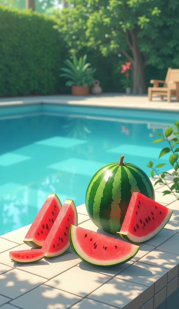 2D illustration in the style of Shinkai Makoto of watermelon slices with a whole watermelon nearby, photographed on a poolside. niji6