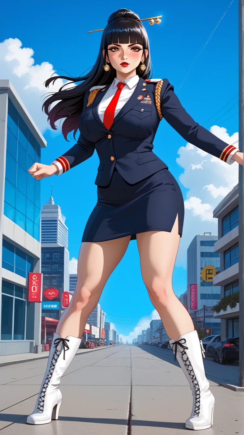 ( masterpiece, High Resolutions,  Best Quality :1.3), 8K,  highly detailed, intricate, Of color, vibrant image, sharp focus, hentai, 4k,
 Agatha , 1girl,  battle posture ,  confident look , Kicking, Sunny weather, (blush:1.1), blue sky,  skyscraper,  full body shot ,
 black cabello,  long hair , blunt bangs,  Hair Ornament , Hair stick, bow, lipstick, make-up, eye shadow, cabello ultra detallado,  detailed face, brown eyes, Realistic complex perfect eyes,  perfect face , Earrings, jewely,
 uniform , pencil skirt, tie, panties,  white boots , open legs ,
(mature female, 30yo:1.1), Milf,  big breasts,