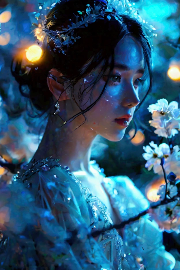 A full-body portrait of a woman in a moonlit garden, silk gown shifting colors, adorned with crystal-adorned midnight white hair.bare skin