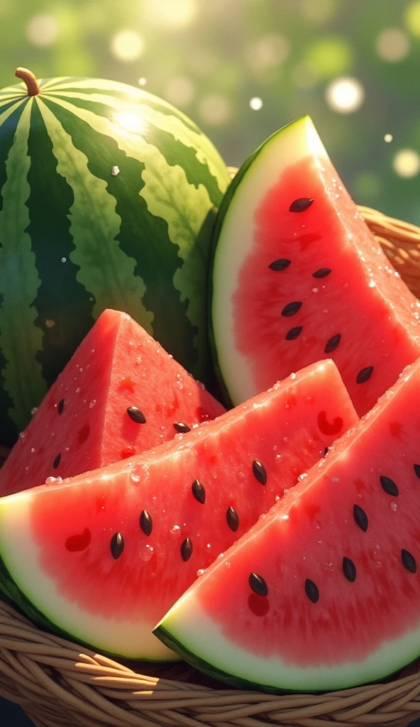 2D illustration in the style of Shinkai Makoto of watermelon slices with a whole watermelon nearby, photographed in a fruit basket. niji6