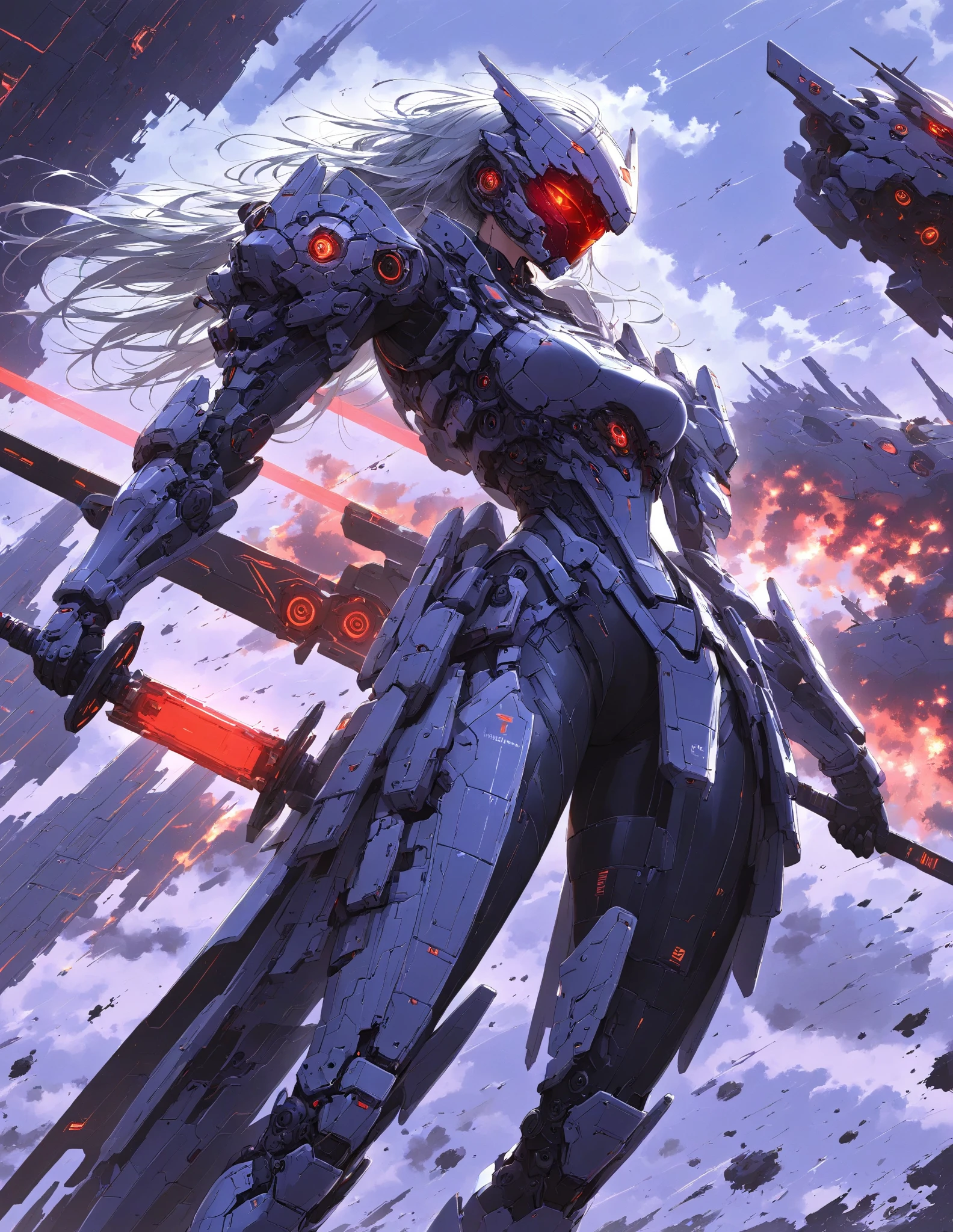  Masterpiece , high quality, high resolution, 16k, illustration by Makoto Shinkai, detailed background, hyperrealistic, dark atmosphere, black tones, lively, digital painting, cyberpunk, science fiction, one of a kind android warrior girl, beautiful face, clean skin, red color eyes, gray hair, clean hair, clean legs, robotic armor modeled after angel Michael with metallic sheen, mad-bdyarmr, neon blue and purple lights at armor seams, only half of face covered by mechanical mask, drone interface in hair, red glowing energy Sword, Dark red-purple sky, Two red moons, dark clouds swirling in sky , several drones and alien-looking robots flying around, surrounded by explosion light, particulate matter in air, dust and sand in air, dust flying up underfoot, elaborate space fortress, devastated planet, Dynamic Angle