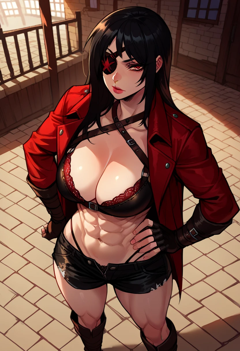 (score_9, score_8_up, score_7_up), close up, from above, Dutch angle, 1female, solo, long hair, straight black hair, eyepatch, red eyes, toned, lipstick, leather halter bra, cleavage, abs, red split tail coat, silver trim, black cuffs, fingerles gloves, black leather shorts, knee high boots wide hips, big breasts, thong, outdoors, medieval town, hand on hip, soft lighting, shadows, cinematic, source_anime, 