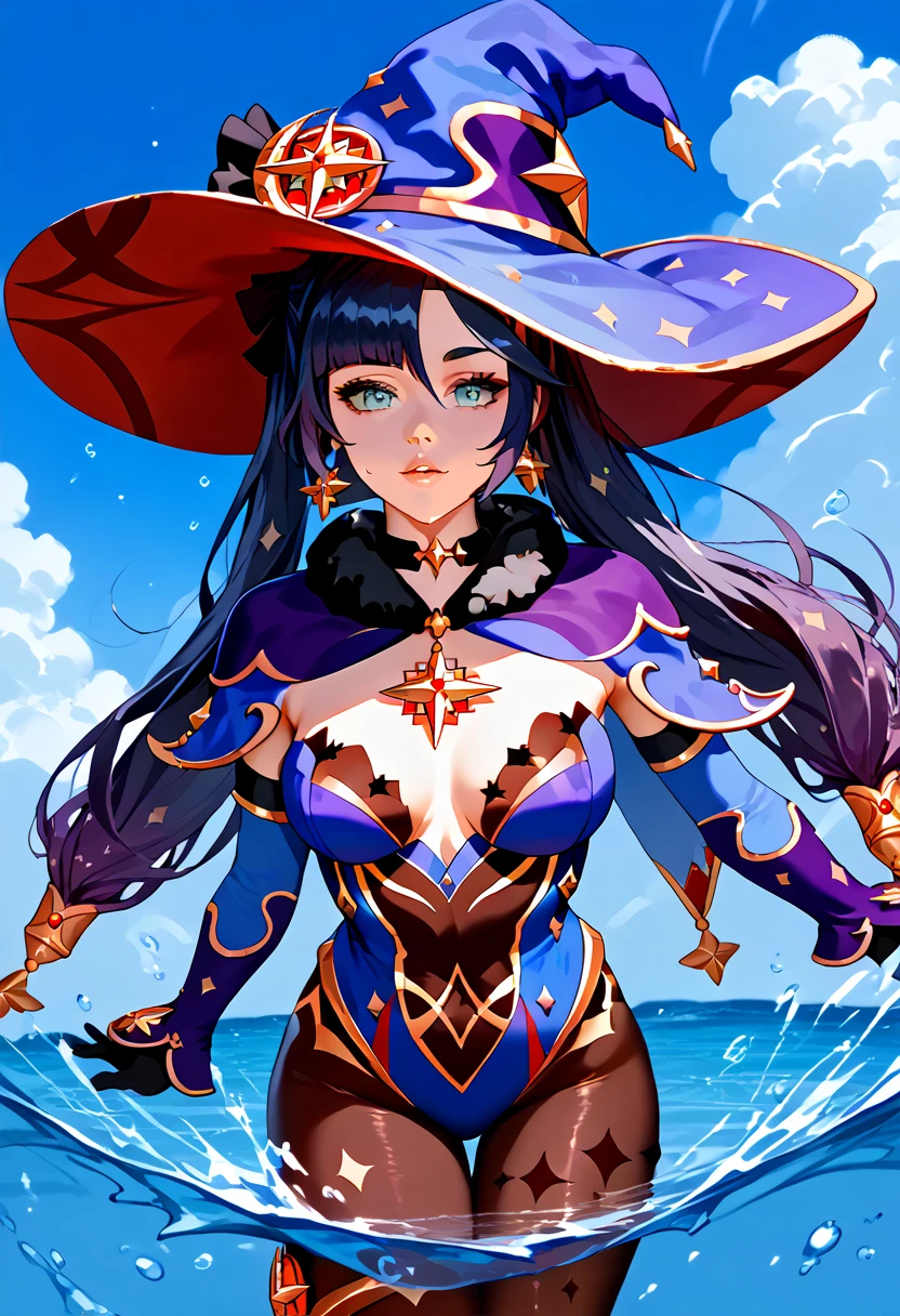 girl, located in the corner, looking at the sky, solo, Mona (Genshin Impact), space, water droplets, splash,Score_9, Score_8_up, Score_7_up, Score_6_up, Score_5_up, Score_4_up, Source_anime, Tag1, Tag2, Quality_masterpiece, Anatomically correct, Beautiful face, Perfect face, Highly detailed beautiful face and eyes, Attractive face, Detailed face, Delicate facial features, Detailed skin, Medium breasts,