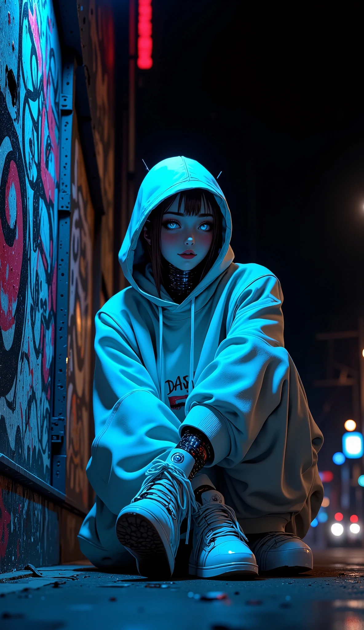 completely black background, thumbnail image, mini robot:1.5,  anime style ., Dressed in light colored hip hop clothing., sitting on a wall with graffiti with his legs crossed, with beautiful cyan eyes, Cyan neon lights , abstract image, U High Definition ,  masterpiece , Retina, Preciso,  anatomically correct ,  old school,  super detail ,  tall details,   lyrics ,  Winner Award  ,  better quality , highres, 1080P,  High Definition , 16K