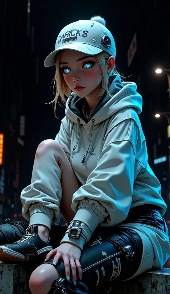 completely black background, thumbnail image, mini robot,  anime style ., Dressed in light colored hip hop clothing., sitting on a wall with graffiti with his legs crossed, with beautiful cyan eyes, Cyan neon lights , abstract image, U High Definition ,  masterpiece , Retina, Preciso,  anatomically correct ,  old school,  super detail ,  tall details,   lyrics ,  Winner Award  ,  better quality , highres, 1080P,  High Definition , 16K