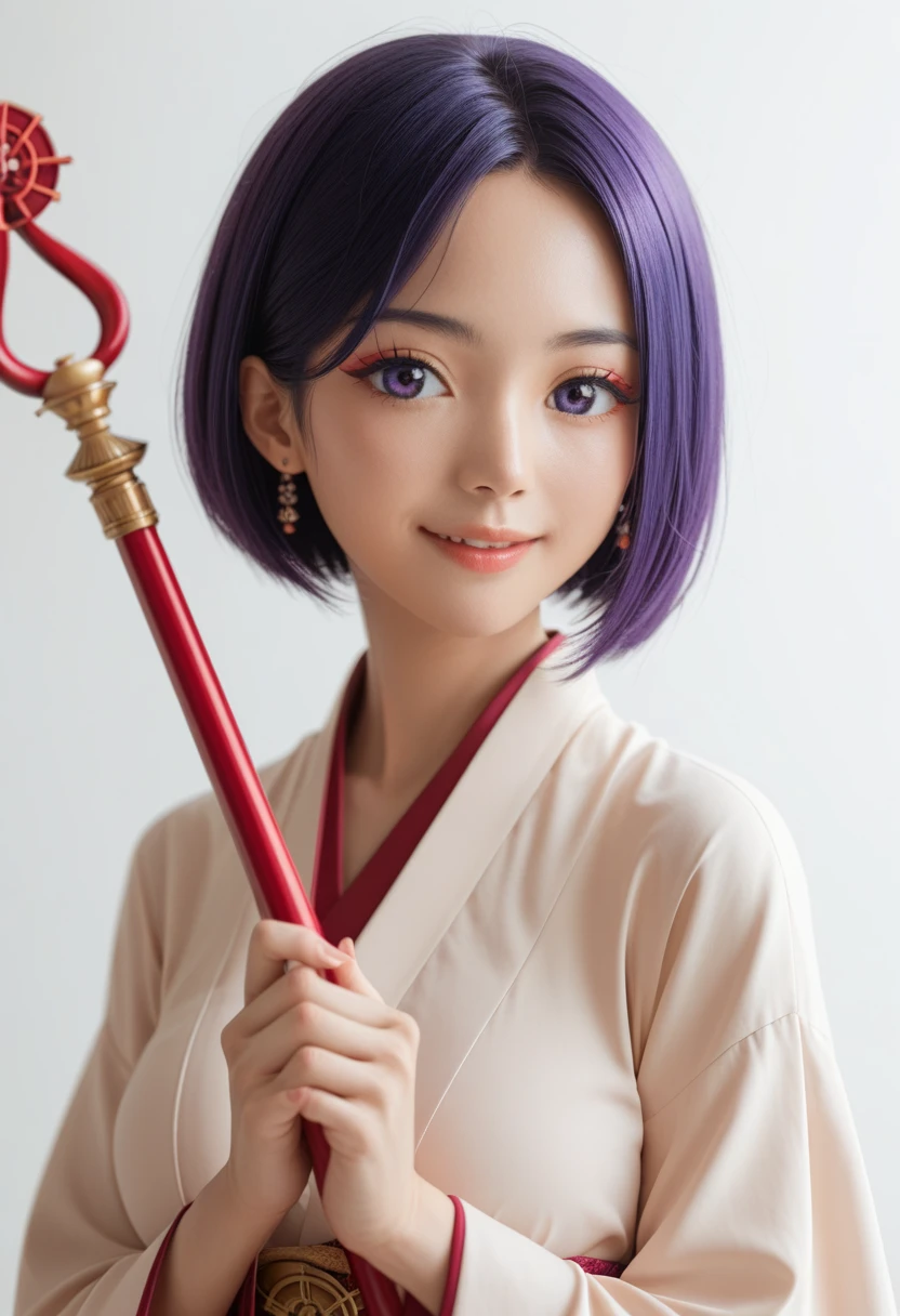 Estilo: Boku no Hero academia, mujer, Short jaw-length purple hair with pink highlights, ojos color morado, orejas de elfo alargadas, elf robe