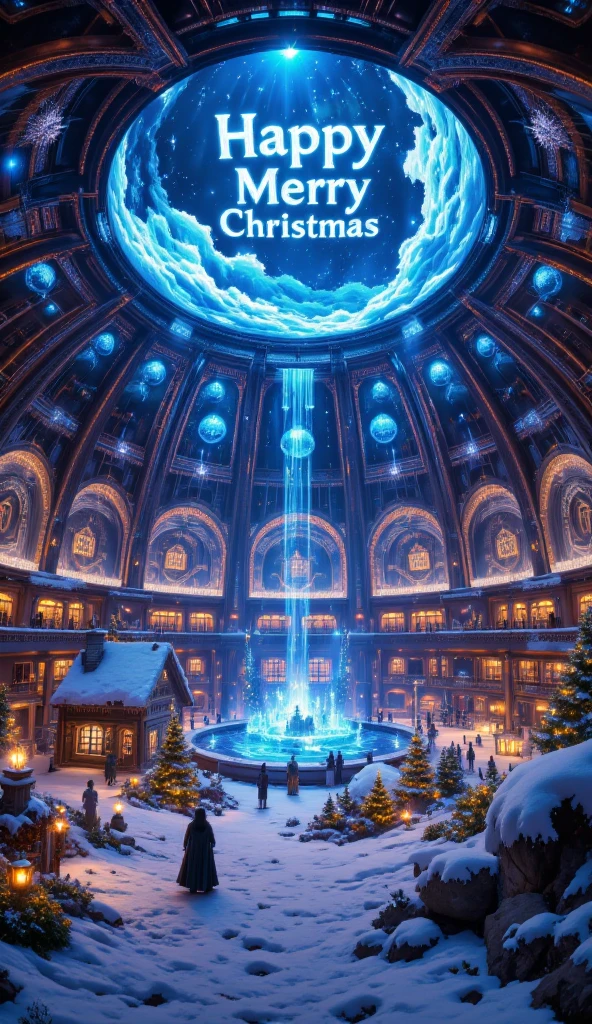 It is decorated with Christmas decorations and says "Happy Merry Christmas.", A fusion of holograms and Aurora Diamond Vision, a huge planetarium-like structure that projects beautiful scenery in 360 degrees, Christmas version, masterpiece, best quality, very aesthetic, absurdres, very aesthetic