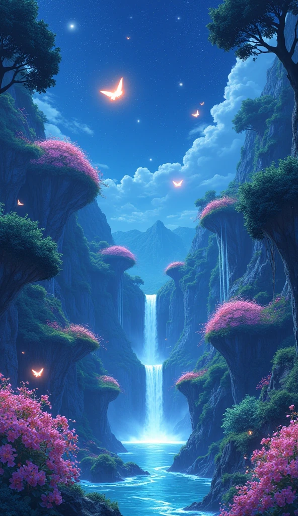 Viral anime nature wallpaper in 4K quality, in the style of digital illustration inspired by Satoshi Kon, depicting a dreamlike garden with floating islands, waterfalls cascading down, and glowing butterflies; surreal and vibrant color temperature, cosmos lighting with stars twinkling in the sky, no human characters, the atmosphere is surreal and mesmerizing. niji6