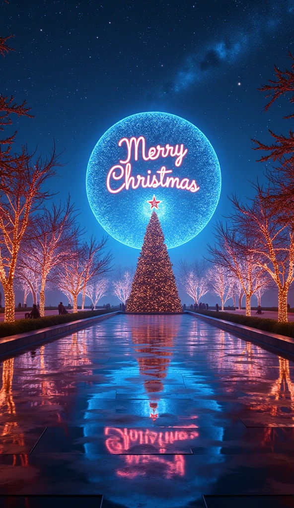 It is decorated with Christmas decorations and says "Happy Merry Christmas.", A fusion of holograms and Aurora Diamond Vision, a huge planetarium-like structure that projects beautiful scenery in 360 degrees, Christmas version, masterpiece, best quality, very aesthetic, absurdres, very aesthetic